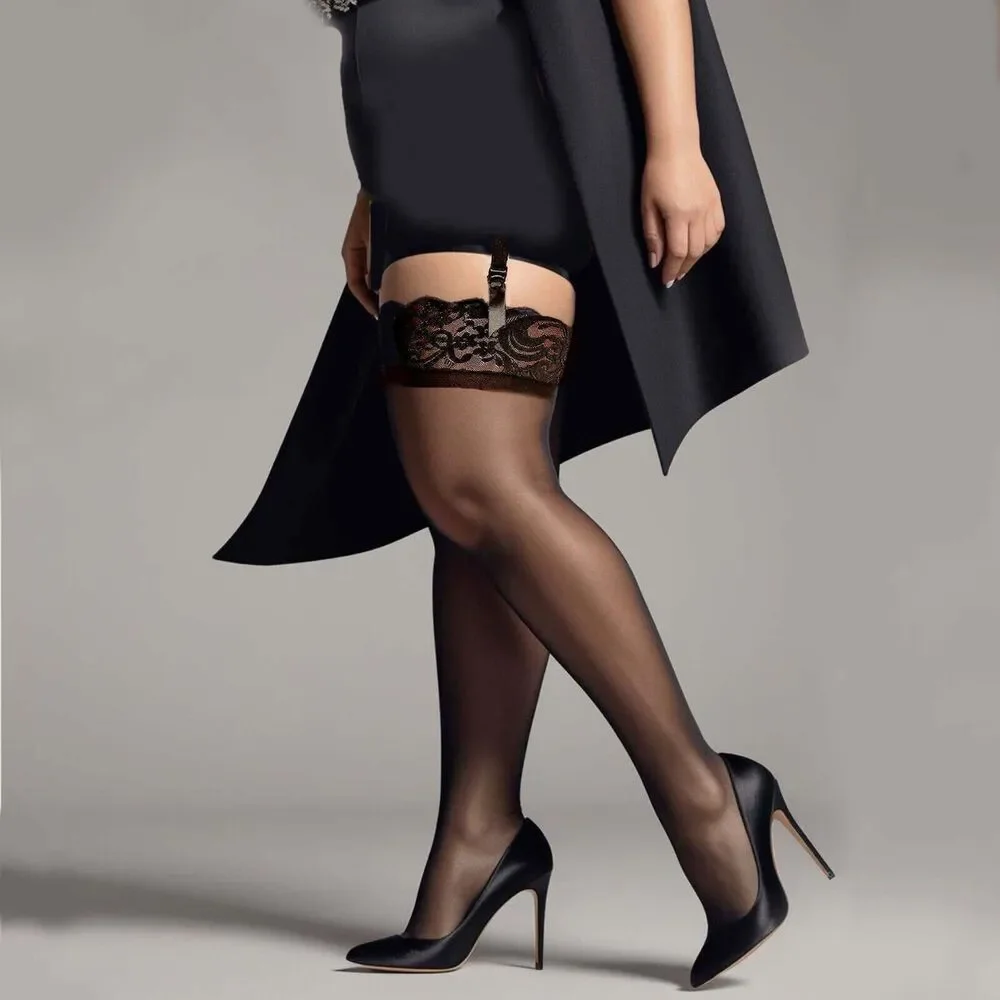 Plus Semi-Opaque Matte Stockings Womens Queen Black with Wide Lace Top